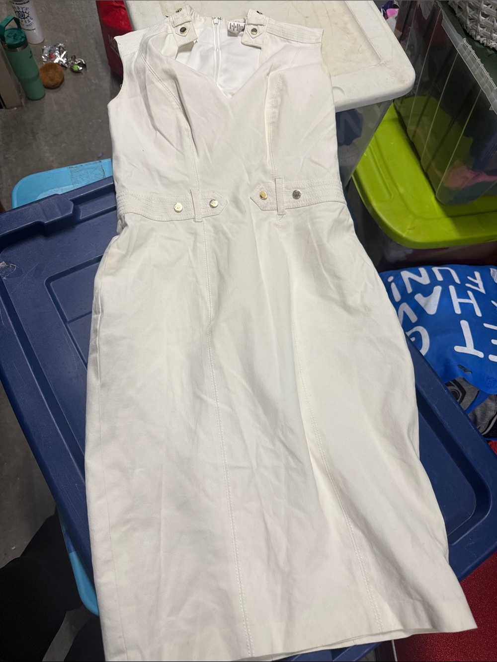 Cache White Sleeveless Midi Dress with Buttoned Waist Tabs